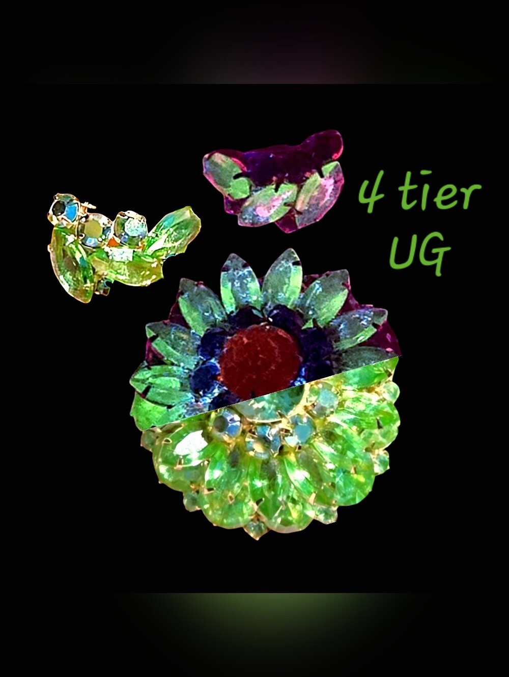 Vtg Uranium Glass & Peridot Rhinestone Parure - 4 Tiered Demi